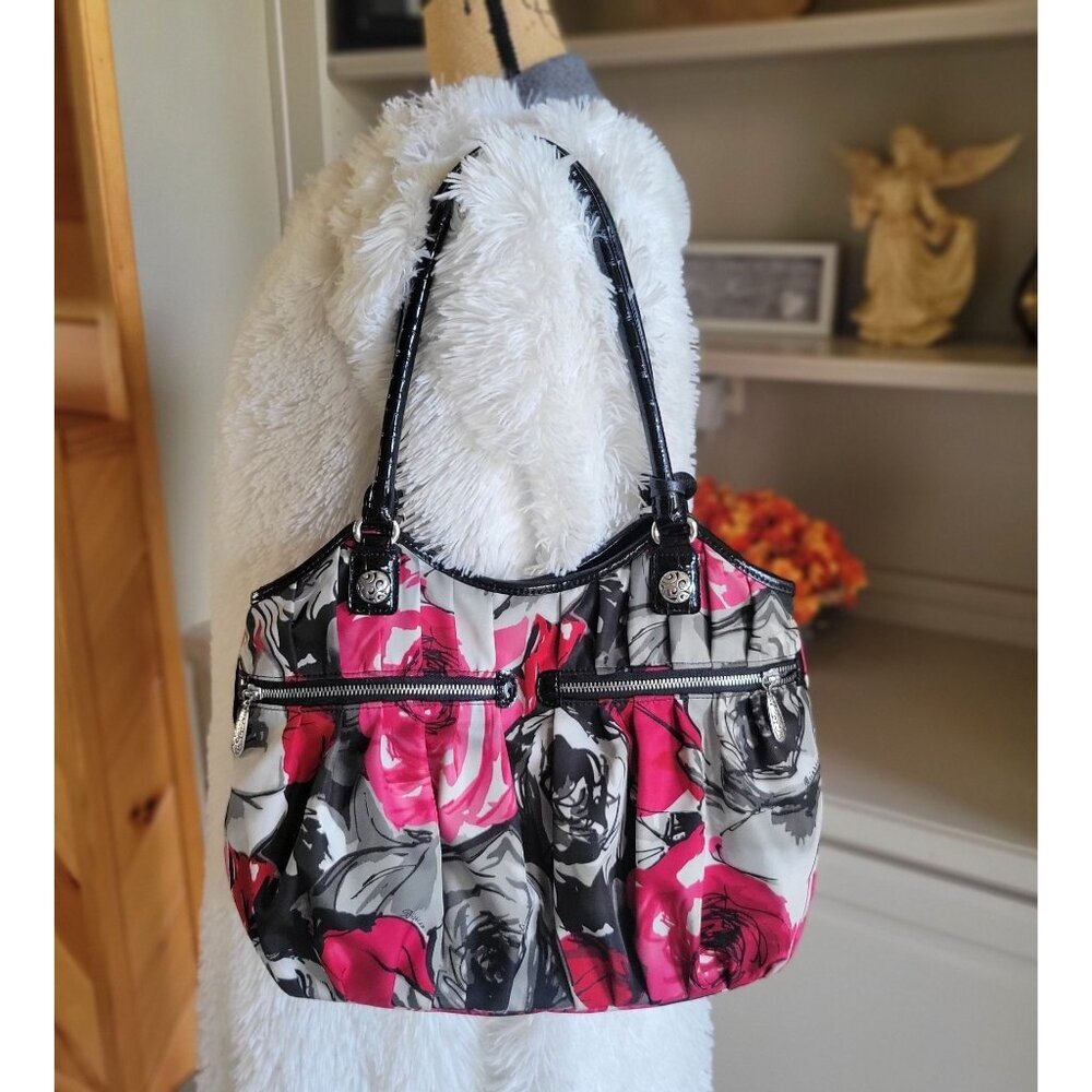 Brighton Floral Madison Shoulder Purse Hobo Black Red Pink Gray Nylon - Picture 2 of 11